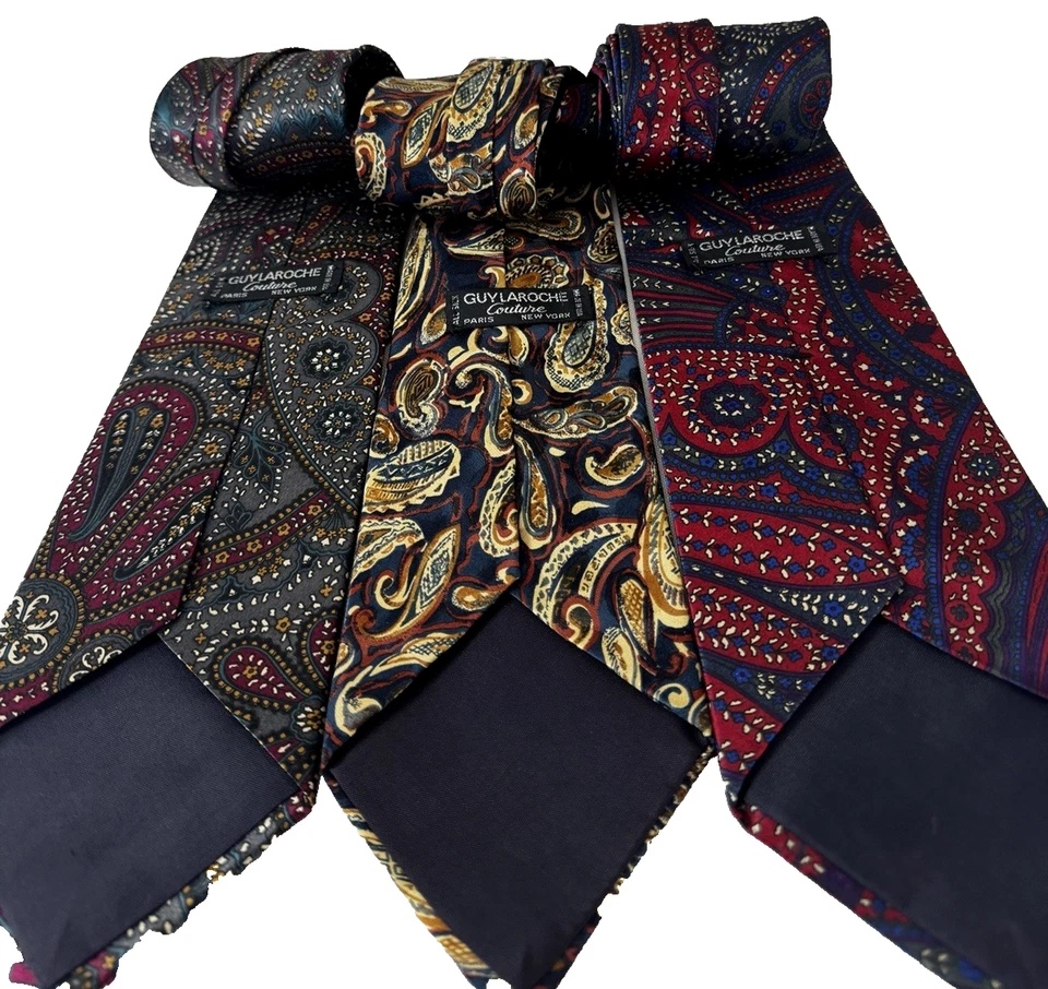 Lote de 3 corbatas de seda vintage Guy LaRoche para hombre cachemira azul rojo amarillo dinero antiguo Foto 4 de 4