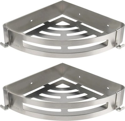 2 Pack Bathroom Corner Shelf Shower Caddy Two Hooks Brushed Nickel Wall Mount