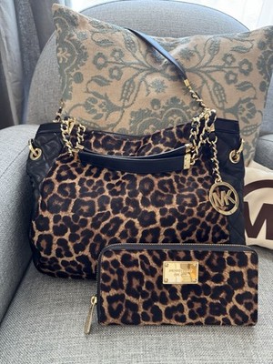New Michael Kors Leopard Leather and Calf Hair Shoulder Bag with Matching Wallet