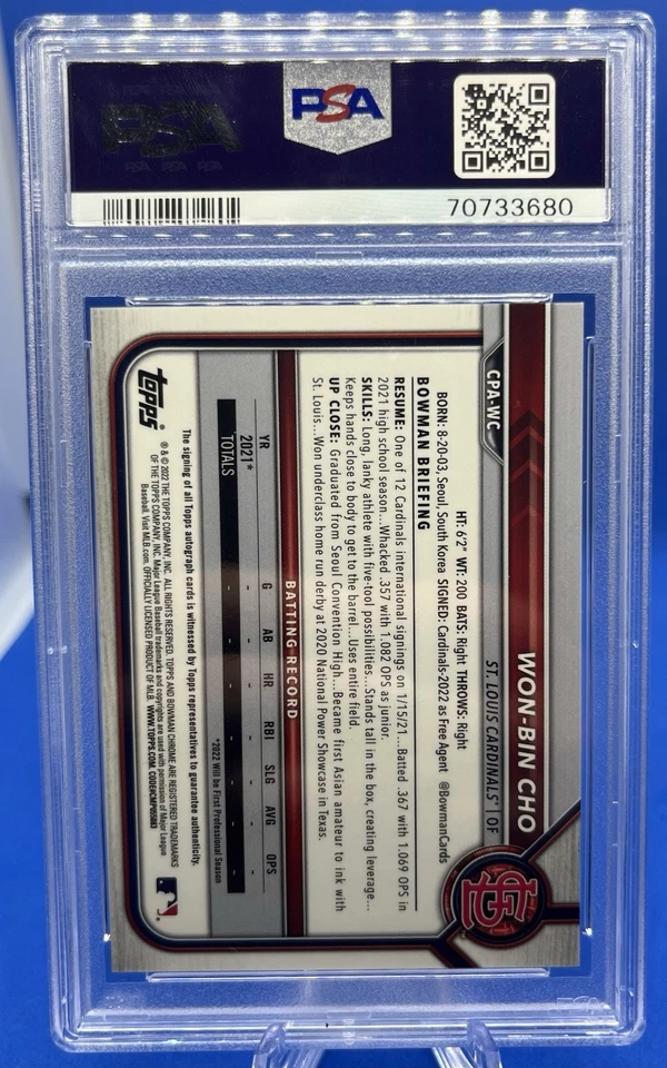 2022 Bowman Chrome WON-BIN CHO Speckle Refractor Auto /299 PSA 10 Cardinals - Image 2 of 2