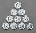 Lot (10) 1964 P Silver Dimes Uncirculated Roosevelt. 90% Fine, $1 Face Value