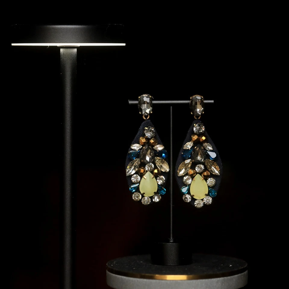 Ohrringe Lang Clip On Art Déco Tropf Strass Grau Stoff Blau Marine EH7 - Bild 3 von 4