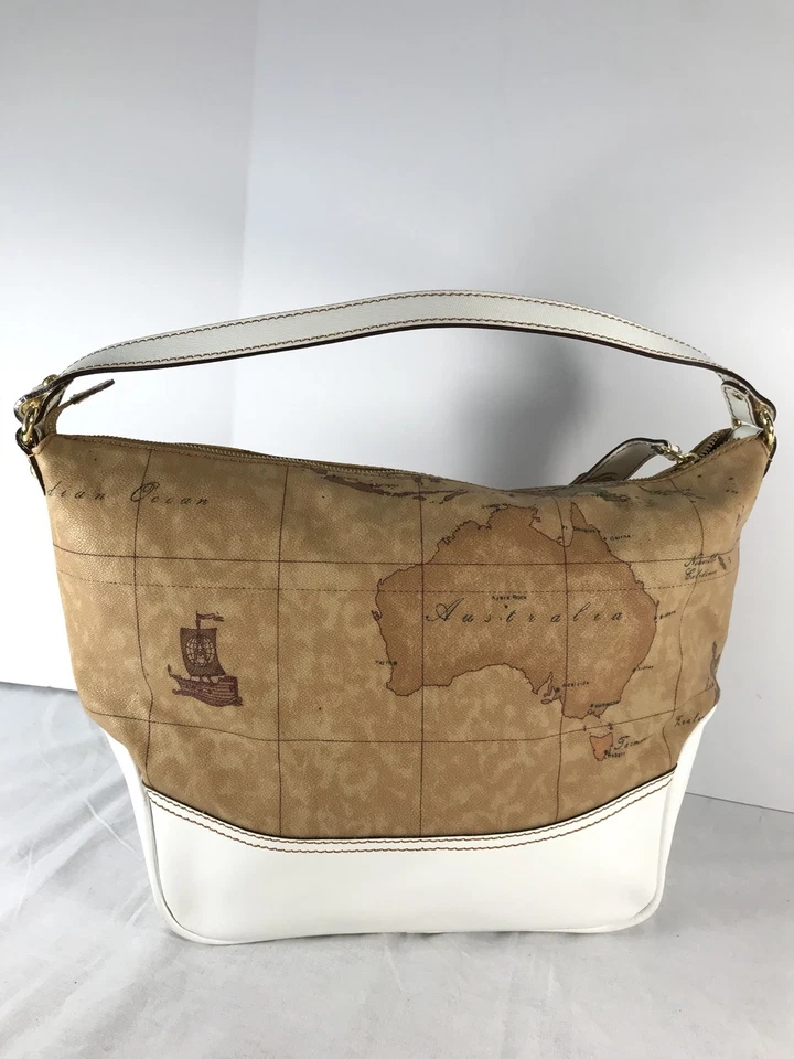 Bolso de Hombro Hobo ALVIERO MARTINI Mapa del Mundo Lona Blanco y Tostado Hecho en Italia Foto 4 de 4