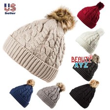 Unisex Knit Winter Warm pom-pom Beanie Hat Cap with Fur Twist Cable inside