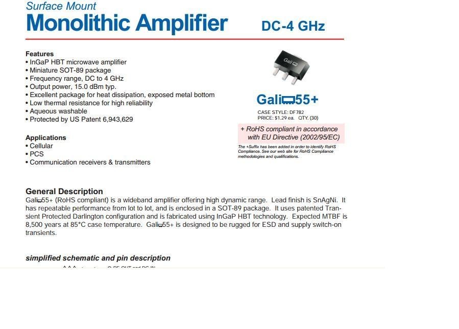 GALI-55 RF Microonde 5 Pezzi Amplificatori A Bassa Potenza GALI-55 - Per RF/microonde A Banda Larga, Marca Generica Amplificatore GALI-55