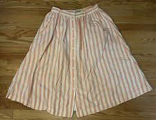 Vtg LL Bean A-line Midi Skirt 100 Cotton Pink/White Pockets Button Up Size 14