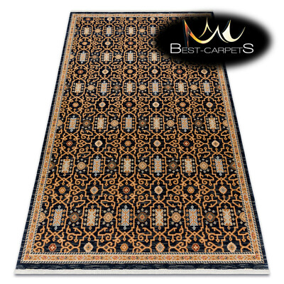 Orientalische NATURWOLLE Teppiche ''KESHAN'' Klassisch Beige/Marine Fransen Beste Qualität