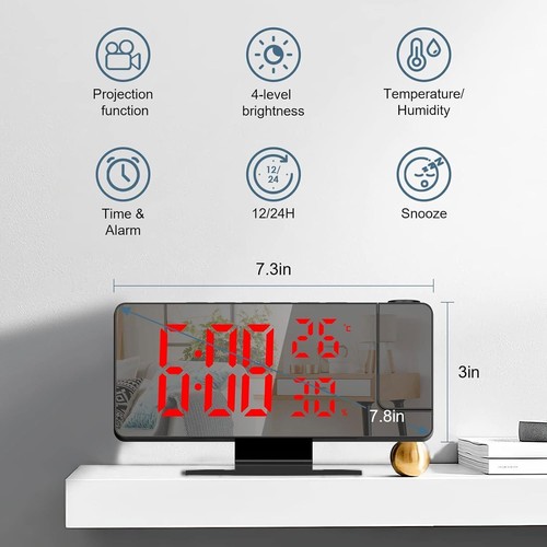 7.8" LED Projection Alarm Clock Digital Clock with 180° Projector Snooze Bedside - Picture 2 of 14