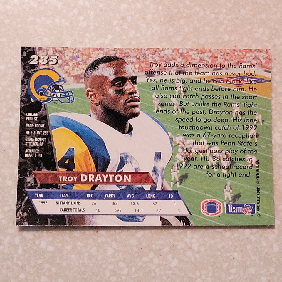 1993 FLEER ULTRA FOOTBALL CARD TROY DRAYTON #235 RC ROOKIE - Image 2 of 2