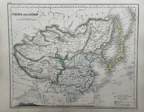 Carte ancienne couleur main Chine et Japon 1850 par John Dower montrant les montagnes