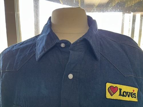 Wrangler Blue Denim Shirt Mens 2XL Pearl Snap IFR Love’s Rodeo Sponsor Patches - Picture 4 of 20