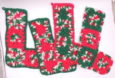 4 Granny Square Christmas Stocking Vintage Handmade Crochet Country Farmhous Set