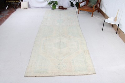 Vintage Turkish Runner Rug 4,6x12,9 ft, White Wool Rug