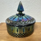VTG Indiana Glass Princess Iridescent Blue Carnival Glass Candy Dish W/ Lid 6”W