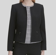 Calvin Klein Women's Black Collarless Zip-Front Blazer Jacket Coat Size 4