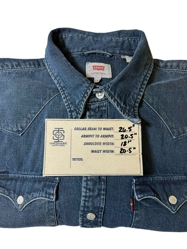 Levi’s Barstow Western Blue Denim Yoke Long Sleeve Pearl Snap Shirt Mens Medium - Picture 8 of 13