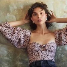 Reformation Top Womens 0 Simi Pink Leopard Puff Balloon Sleeve Sweetheart