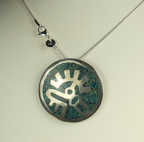 Sterling TAXCO Turquoise Necklace 50s AZTEC OZOMATLI Monkey 2" Pend/Pin Mexico - Picture 6 of 14