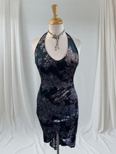 Dark Blue Black Velvet Floral Halter Dress S Y2K Fairycore Whimsigoth Boho Luxe