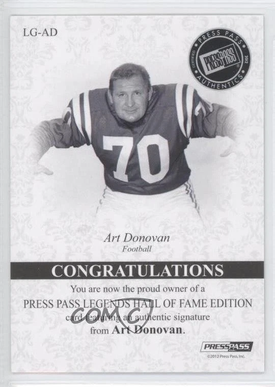 2012 Press Pass Legends Hall of Fame Edition Bronze /89 Art Donovan Auto HOF - Image 2 of 2