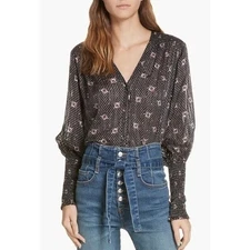 Veronica Beard Maree Smock Cuff Silk Blouse Black Silk Size 6 MSRP $450