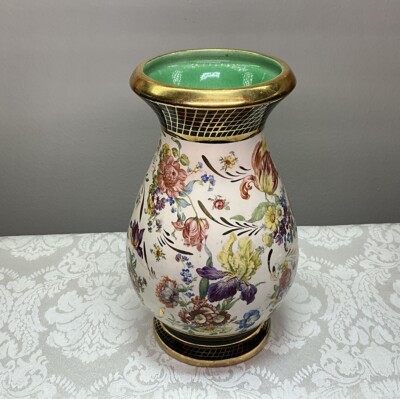 H Bequet Quaregnon Belgium Multi Color Floral Chintz Vase Gold Details 1940 s 9 