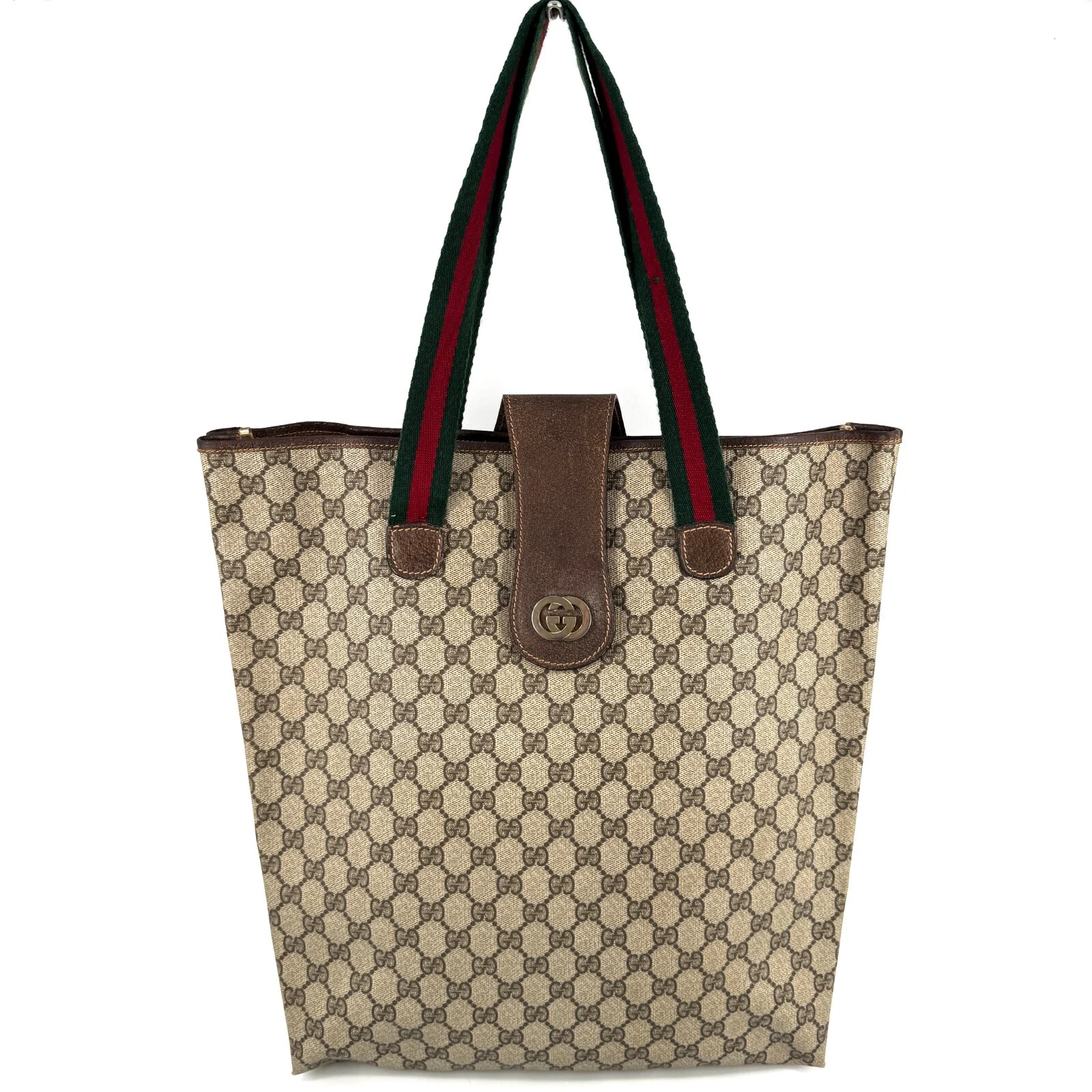 Sac fourre tout vintage Gucci Sherry Line GG Supreme à emboîtement cuir PVC marron