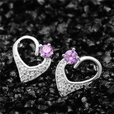 Cute New Silver Plated Round Amethyst Purple CZ  Crystal Heart Stud Earrings