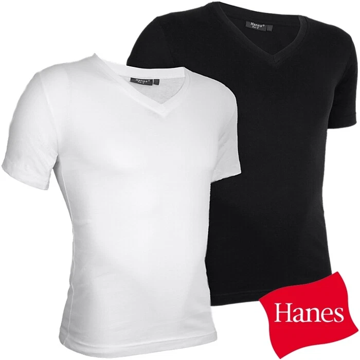 Hanes Herren T-Shirt Baumwolle Freizeit V-Auschnitt Kurzarm schwarz oder weiß - Bild 1 von 1