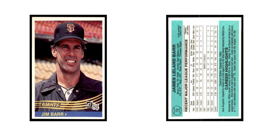 Jim Barr 1984 Donruss #79 San Francisco Giants Baseball Card NM - Image 3 of 3