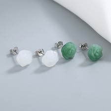 White Green Rose Sterling Silver Stud Earrings Natural Jade Flower Post 10mm