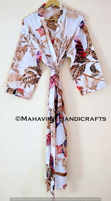Women Pure Cotton owl Print Beige Lingerie Night Gown Sleepwear Boho Kimono Robe