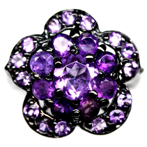 Bague fleur améthystes en argent 925 noir T54, cadeau idéal