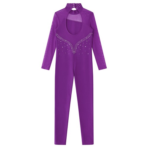 Girl Gymnastics Leotard Rhinestone Long Sleeve Full Body Ballet Dance Costume - Picture 29 of 117