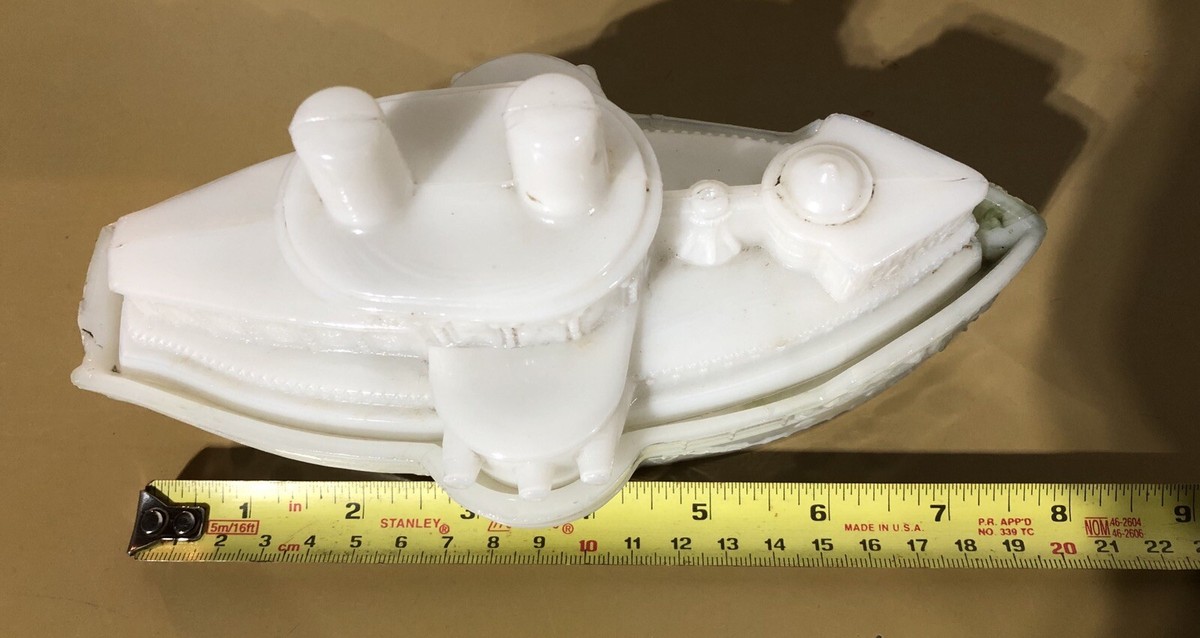Antique Milk White Glass Ship Boat Remember The Maine Mustard Dish