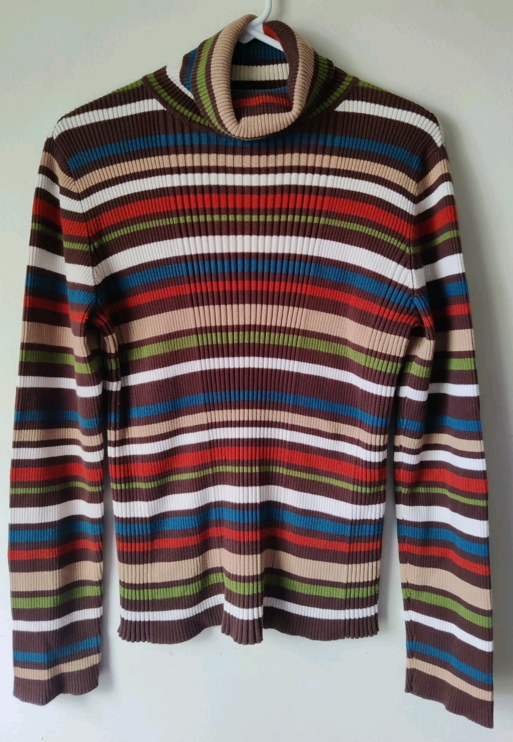 VTG Jones New York Ribbed Bold Multicolor Stripe Turtleneck 100% Cotton Size L