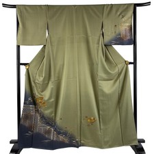 Japanese Silk Houmongi Kimono M 164.5cm Brownish green Fan Branch flower 5023474