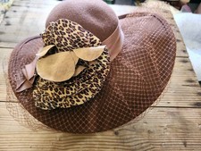 Vintage Sonni San Francisco Brown Felt Wide Brim Hat Leopard Print Flower