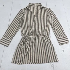 MUSERA Wrap Tunic Shirt Womens Large Brown Cream Stripe Tie Waist Collared Top