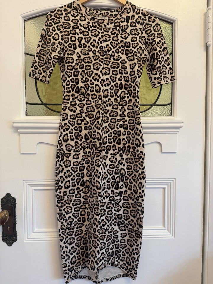 Witchery Leopard Print Short Sleeve Midi bodycon Dress Beige/Black/brown AU6