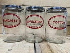 VINTAGE 3pc. GLASCO 7" Clear Glass Medical Jar's W/Red Label & Chrome Lids