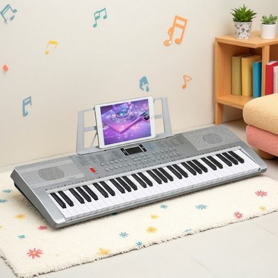 61-Key Light-Up Piano Digital Keyboard Set - Bench Z-Stand Mic Headphones Silver
