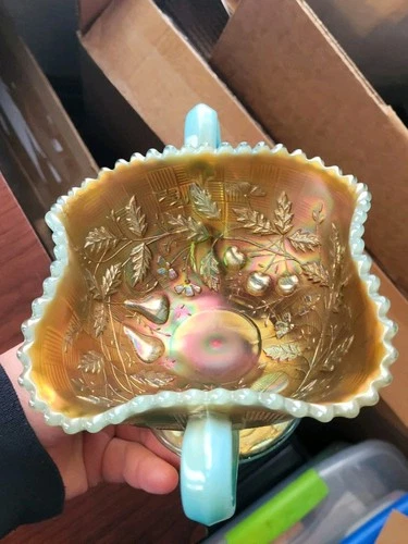 Pretty Aqua Opalescent Northwood Carnival Glass Fruits & Flowers Bonbon