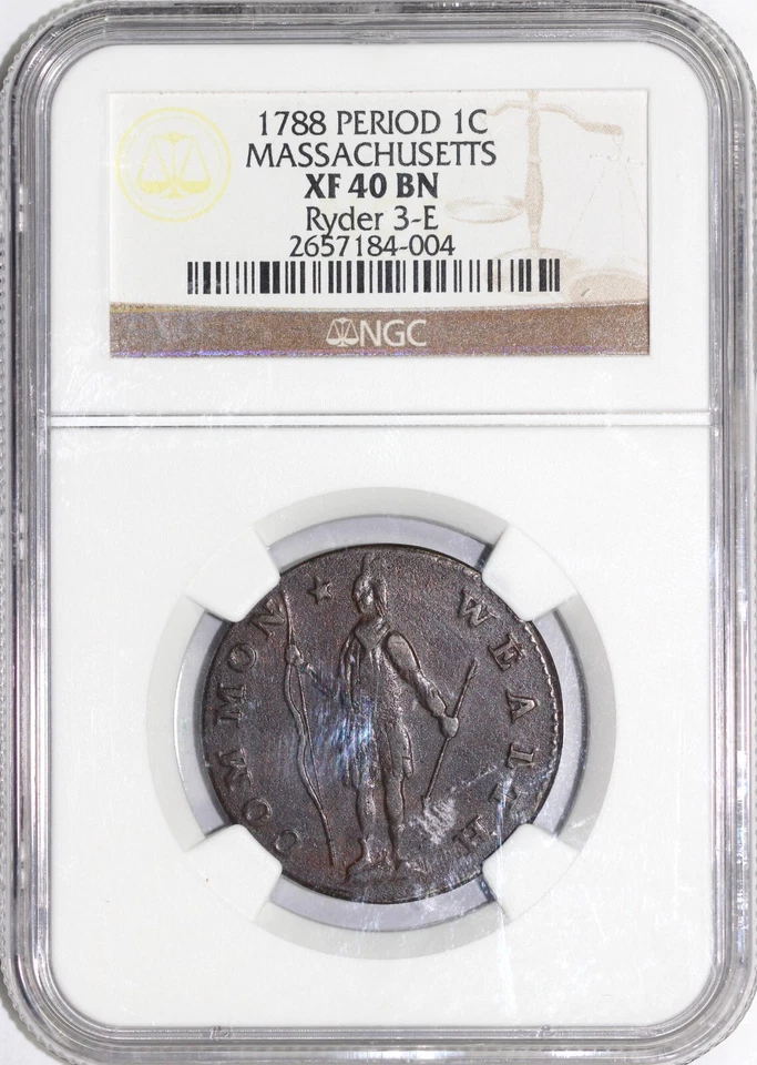 1788 1c Ryder 3-E Massachusetts Cent Period Colonial Copper NGC XF 40 - Image 3 of 4