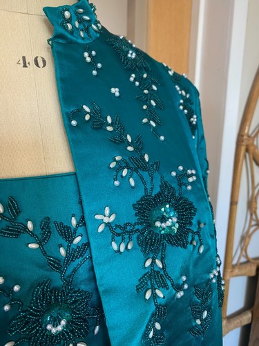 Ladies Formal Gown - Heftco Emerald Green Hand-Beaded Silk Satin Dress and Gown - Picture 5 of 17