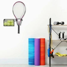 Wall Mounted Black Metal Tennis Racket Holder w/ Ball Storage Rack Basket, Gym
