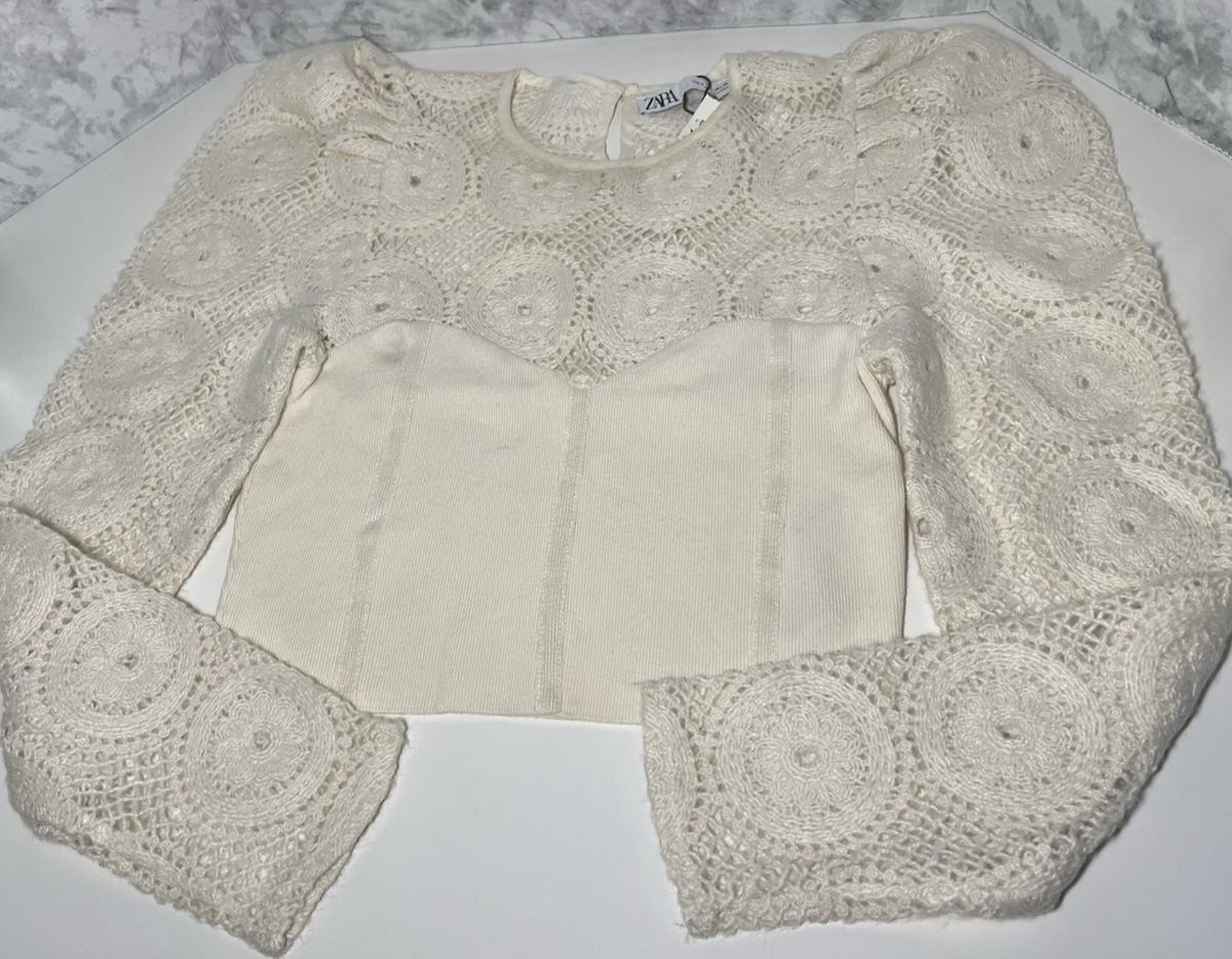 ZARA Top Womens Small Crochet Knit Crop Puff Sleeve Ivory Long Sleeve Boho  NWT