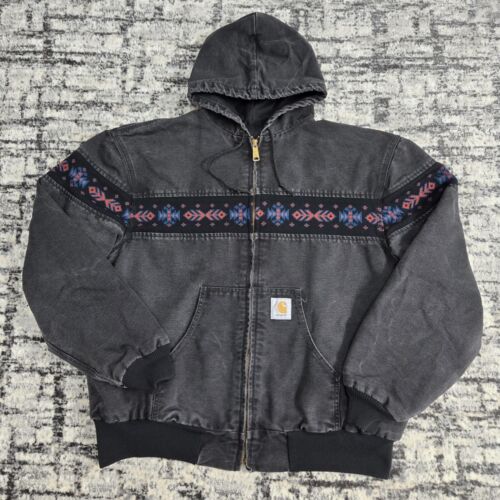 Vtg 90s Carhartt Aztec Hooded Jacket JR0105 Black… - image 1