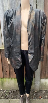 Vintage 80er Jahre Lederjacke mit bedrucktem Muster vorne offen Gr. UK 12 sehr selten Fund Damen
