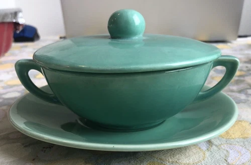 Rare Stangl Pottery  Americana 2000 Green Covered Soup Bowl w Base Mid-Century